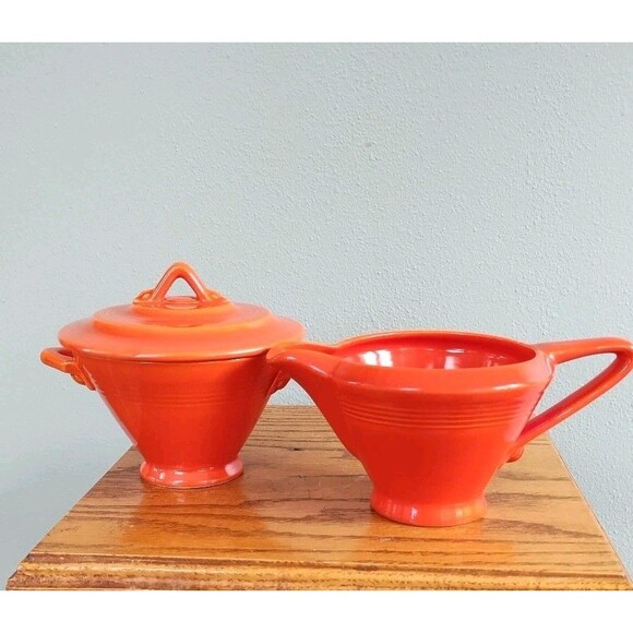 Vintage Homer Laughlin Harlequin Sugar Bowl W/Lid & Creamer Set Red Art Deco - Picture 1 of 16